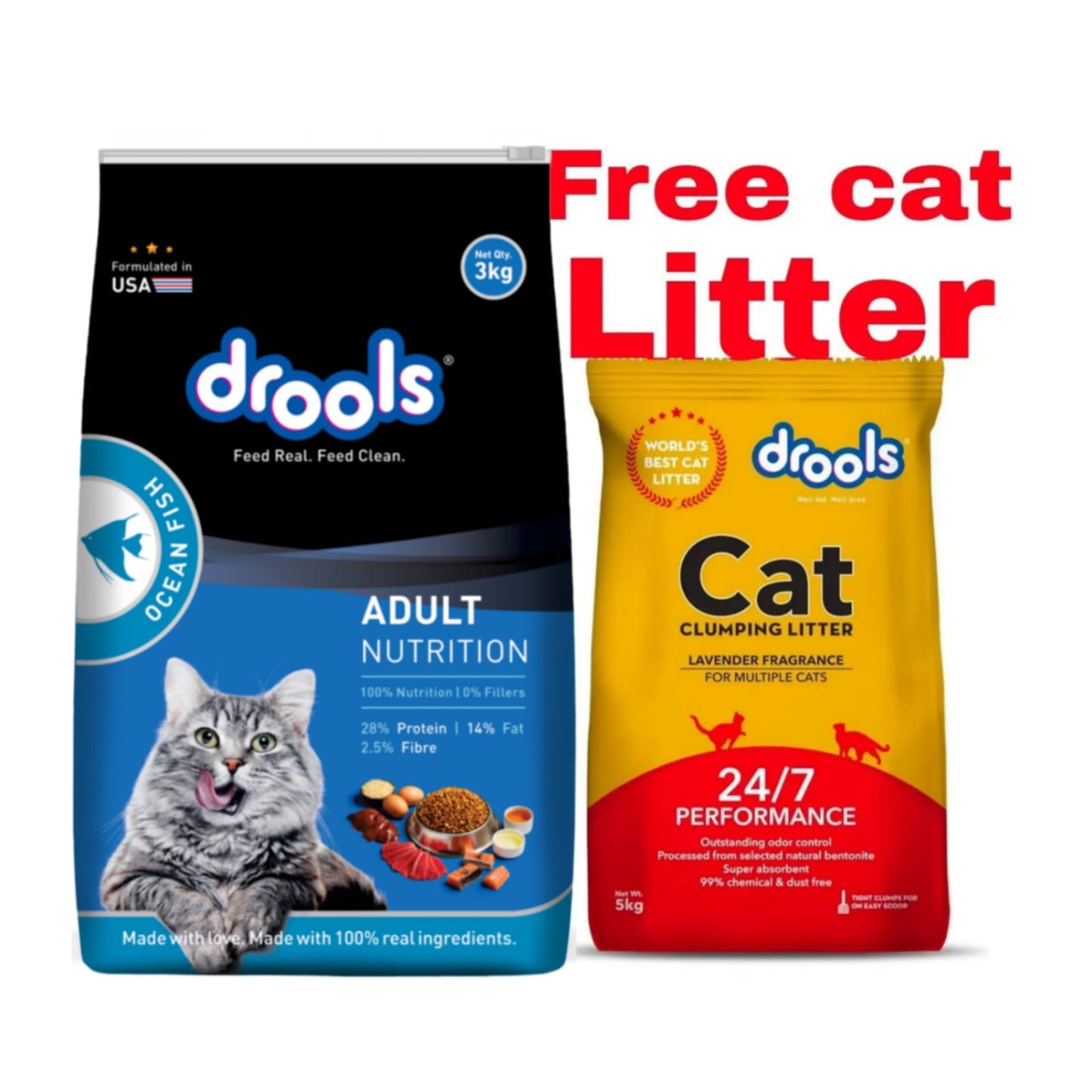 Drools kitten & Adult 3kg food with free cat Litter 5kg jyoti aquarium pets