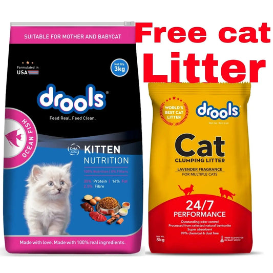 Drools kitten & Adult 3kg food with free cat Litter 5kg jyoti aquarium pets